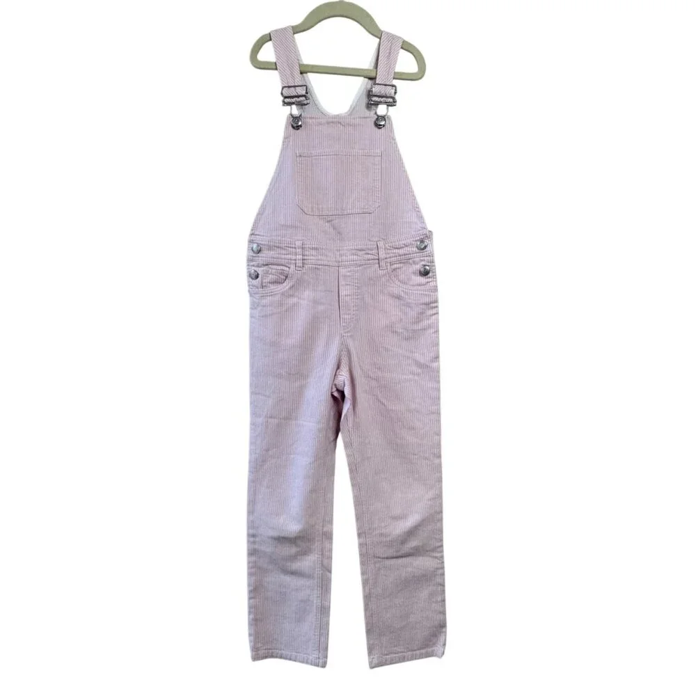 BONPOINT Pale Pink Stripe Overalls Girls 8 Stretch Cotton Bib Dungarees Classic - Picture 1 of 9